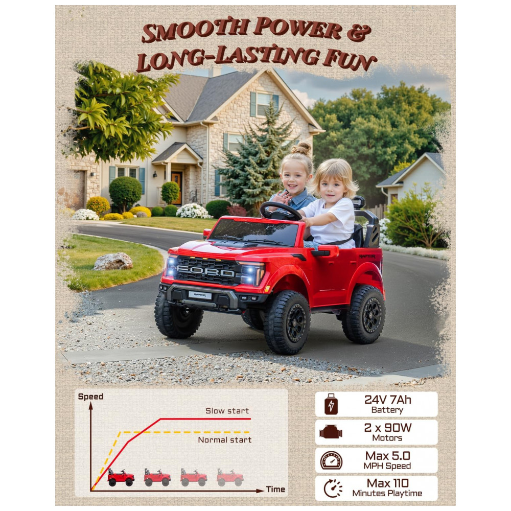 Carro Elétrico Infantil Licenciado Ford F-150 Raptor 24V Vermelho 2 Lugares com Controle Remoto, Bluetooth, Luzes LED, Baú e Partida Suave - Imagem 6