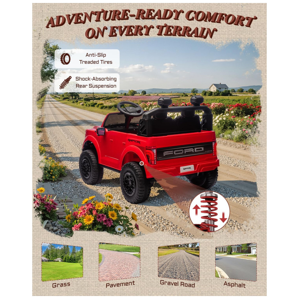 Carro Elétrico Infantil Licenciado Ford F-150 Raptor 24V Vermelho 2 Lugares com Controle Remoto, Bluetooth, Luzes LED, Baú e Partida Suave - Imagem 7