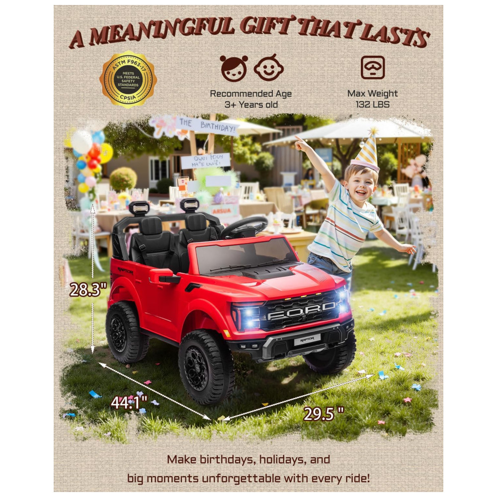 Carro Elétrico Infantil Licenciado Ford F-150 Raptor 24V Vermelho 2 Lugares com Controle Remoto, Bluetooth, Luzes LED, Baú e Partida Suave - Imagem 8
