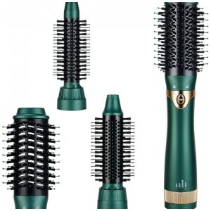 Secador de Cabelo 3 em 1 Volumizador Modelador de Cabelo com Cerâmica e Íons Negativos e 3 Cabeças de Escova Interchangeáveis Verde