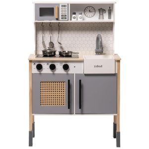 Cozinha Infantil Vintage Moderno em Madeira com Luzes e Sons Realistas para Crianças Acima de 3 Anos ROBUD Cinza