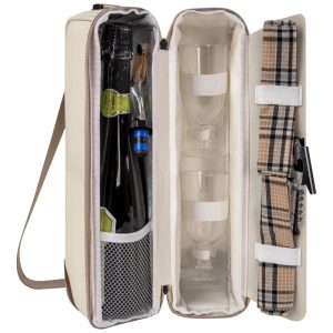 Bolsa Térmica para Vinhos ALLCAMP com Compartimento Refrigerado - Conjunto de Piquenique com Dois Jogos de Talheres - Cor Creme
