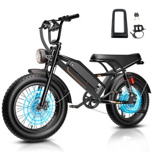 Bicicleta elétrica Jasion YR20 preta carbono pneus 20x4 motor 1000W nominal 2000W pico bateria 48V 20Ah 960Wh suspensão dupla 7 marchas 110V