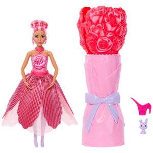 Boneca Barbie Petal Pop Rose perfumada Mattel vestido rosa fragrância flor coelho buquê revelação acessórios 2025