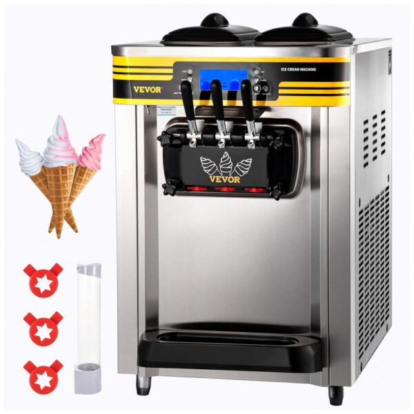 Máquina de Sorvete Comercial VEVOR, Produção de 22-30LH, Máquina Soft Serve de Bancada de 2350W com 2 Recipientes de 6L e Cilindro de 2L, Painel LCD,