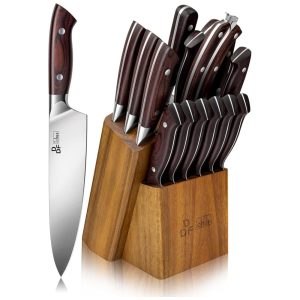 Conjunto de Facas em Aço Inoxidável com Bloco de Bancada e Cabo Ergonômico 16 Peças DDF iohEF Marrom Escuro