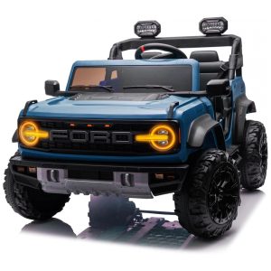 Carrinho Elétrico Licenciado Infantil 2 Lugares 24V Ford Bronco Raptor 4x4 2 Motores 90W Bluetooth Suspensão 4 Rodas Controle Remoto YOFE Azul