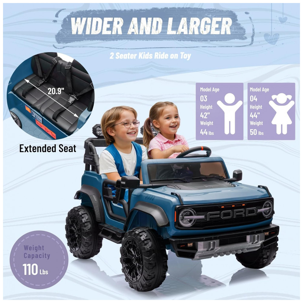 Carrinho Elétrico Licenciado Infantil 2 Lugares 24V, Ford Bronco Raptor 4x4, 2 Motores 90W, Bluetooth, Suspensão 4 Rodas, Controle Remoto, YOFE, Azul - Imagem 3