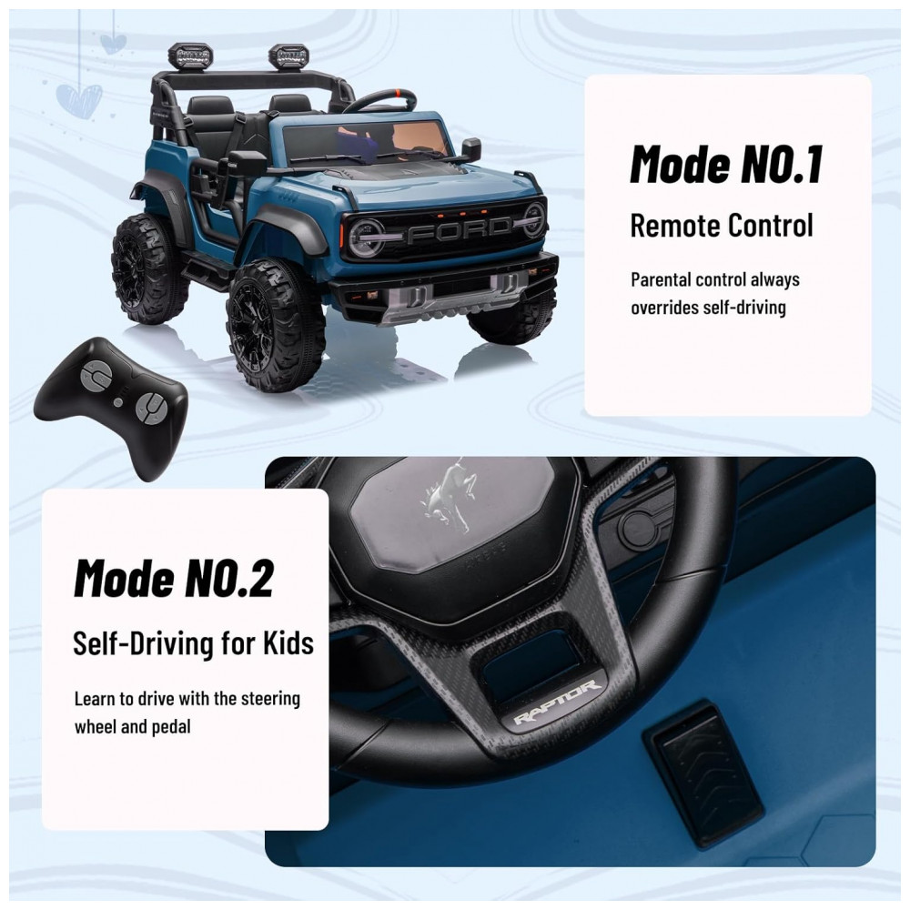 Carrinho Elétrico Licenciado Infantil 2 Lugares 24V, Ford Bronco Raptor 4x4, 2 Motores 90W, Bluetooth, Suspensão 4 Rodas, Controle Remoto, YOFE, Azul - Imagem 4