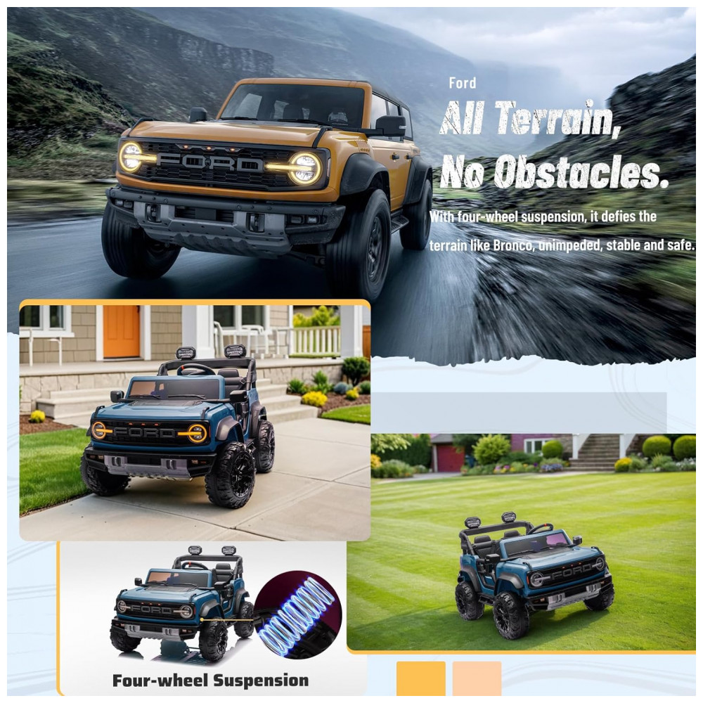 Carrinho Elétrico Licenciado Infantil 2 Lugares 24V, Ford Bronco Raptor 4x4, 2 Motores 90W, Bluetooth, Suspensão 4 Rodas, Controle Remoto, YOFE, Azul - Imagem 6