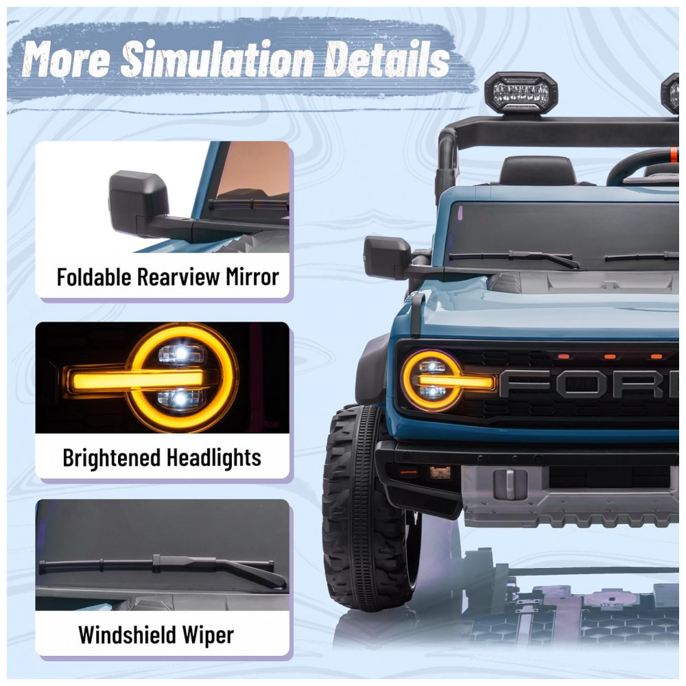Carrinho Elétrico Licenciado Infantil 2 Lugares 24V, Ford Bronco Raptor 4x4, 2 Motores 90W, Bluetooth, Suspensão 4 Rodas, Controle Remoto, YOFE, Azul - Imagem 7