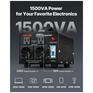 Conversor de Voltagem VEVOR 1500VA Elevação/Redução Pesado 110V-220V Tomadas EU/US Proteção Disjuntor HYMG-1500VA