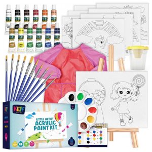 Kit de pintura acrílica infantil KEFF 32 peças com cavalete telas em algodão pincéis paleta copo lavável e avental rosa