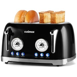 Torradeira Elétrica Retrô 4 Fatias em Aço Inoxidável com 6 Níveis de Tostagem e Painel de Controle Duplo Independentes 110V 1650W CUSIMAX Preto