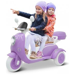 Moto Elétrica Infantil Letsgoride 12V Roxo 2 Lugares 3 Rodas com Controle Remoto Baú Bluetooth LED e Buzina 2x50W