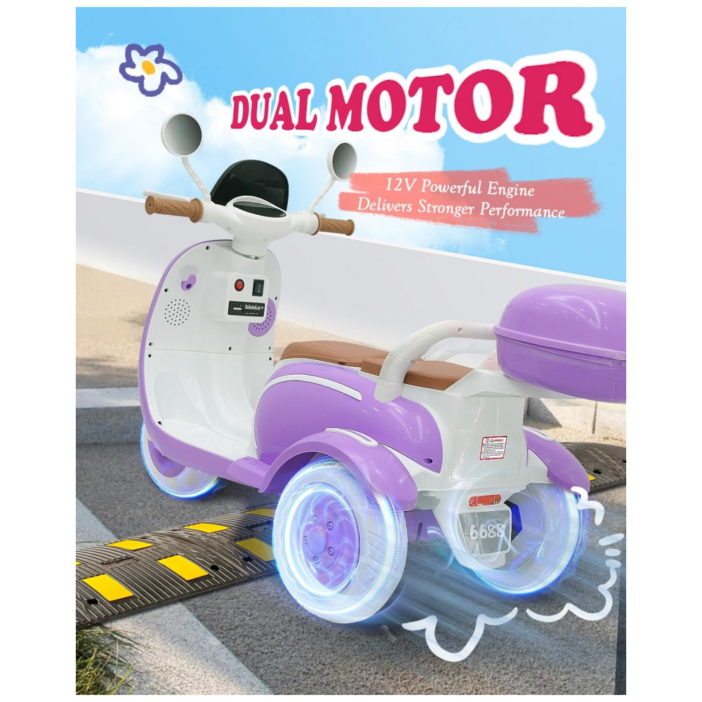 Moto Elétrica Infantil Letsgoride 12V Roxo 2 Lugares 3 Rodas com Controle Remoto Baú Bluetooth LED e Buzina 2x50W - Imagem 2