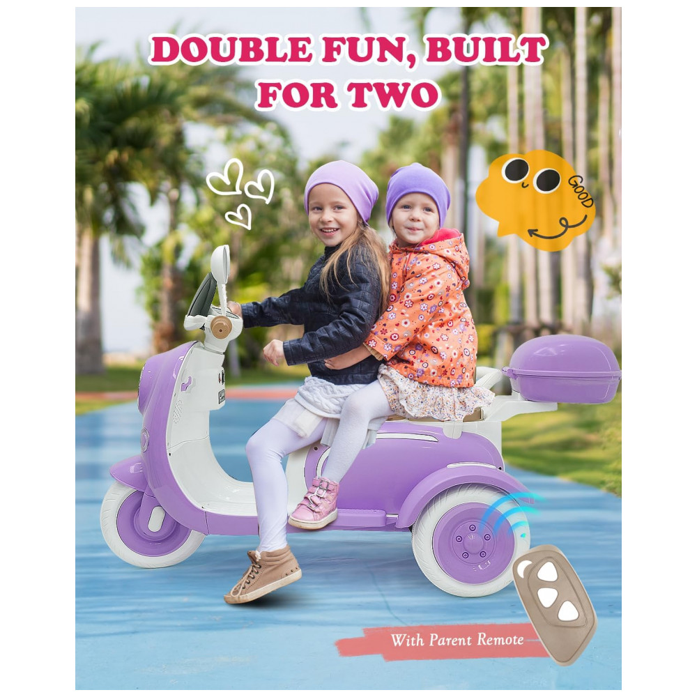 Moto Elétrica Infantil Letsgoride 12V Roxo 2 Lugares 3 Rodas com Controle Remoto Baú Bluetooth LED e Buzina 2x50W - Imagem 3