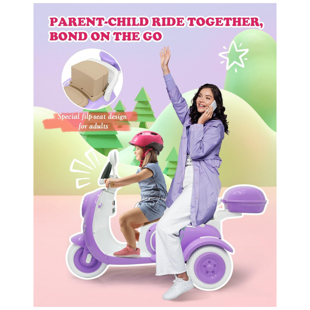 Moto Elétrica Infantil Letsgoride 12V Roxo 2 Lugares 3 Rodas com Controle Remoto Baú Bluetooth LED e Buzina 2x50W - Imagem 4