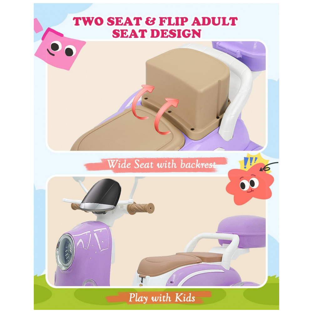 Moto Elétrica Infantil Letsgoride 12V Roxo 2 Lugares 3 Rodas com Controle Remoto Baú Bluetooth LED e Buzina 2x50W - Imagem 7