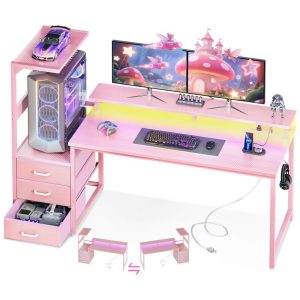 Mesa Gamer Reversível AODK 150 cm Fibra de Carbono Rosa com Luzes LED Tomadas USB 3 Gavetas de Tecido e Suporte para Monitor
