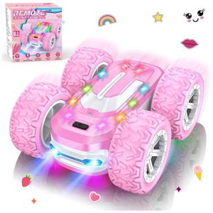 Carrinho de Controle Remoto Rosa para Meninas Carro RC com Adesivos Personalizáveis Luzes Coloridas e Acrobacias 4WD - 360° de GiroKazswitle