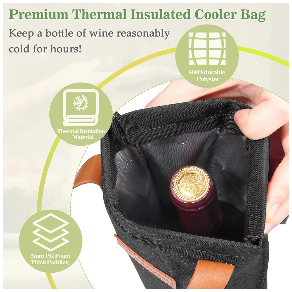 Bolsa Térmica para Vinho Tirrinia Transporte Fácil e Elegante para Viagens Picnics e Presentes para Amantes de Vinho - Preto - Imagem 3