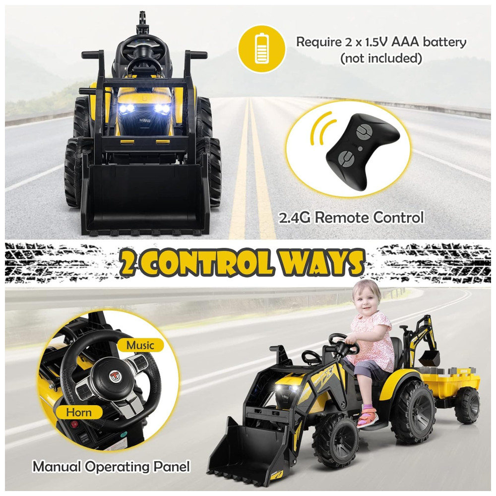 Escavadeira Elétrica Infantil 1 Assento com Reboque Balde de Pá Controle Remoto Luzes LED MP3 e USB 12V Costzon Amarela - Imagem 3