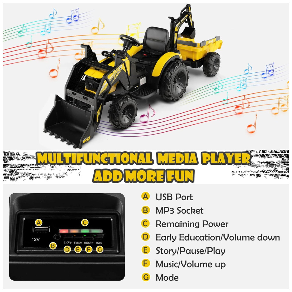 Escavadeira Elétrica Infantil 1 Assento com Reboque Balde de Pá Controle Remoto Luzes LED MP3 e USB 12V Costzon Amarela - Imagem 4