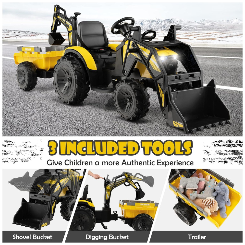 Escavadeira Elétrica Infantil 1 Assento com Reboque Balde de Pá Controle Remoto Luzes LED MP3 e USB 12V Costzon Amarela - Imagem 5