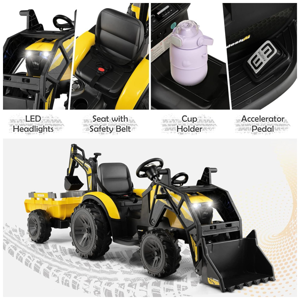 Escavadeira Elétrica Infantil 1 Assento com Reboque Balde de Pá Controle Remoto Luzes LED MP3 e USB 12V Costzon Amarela - Imagem 6