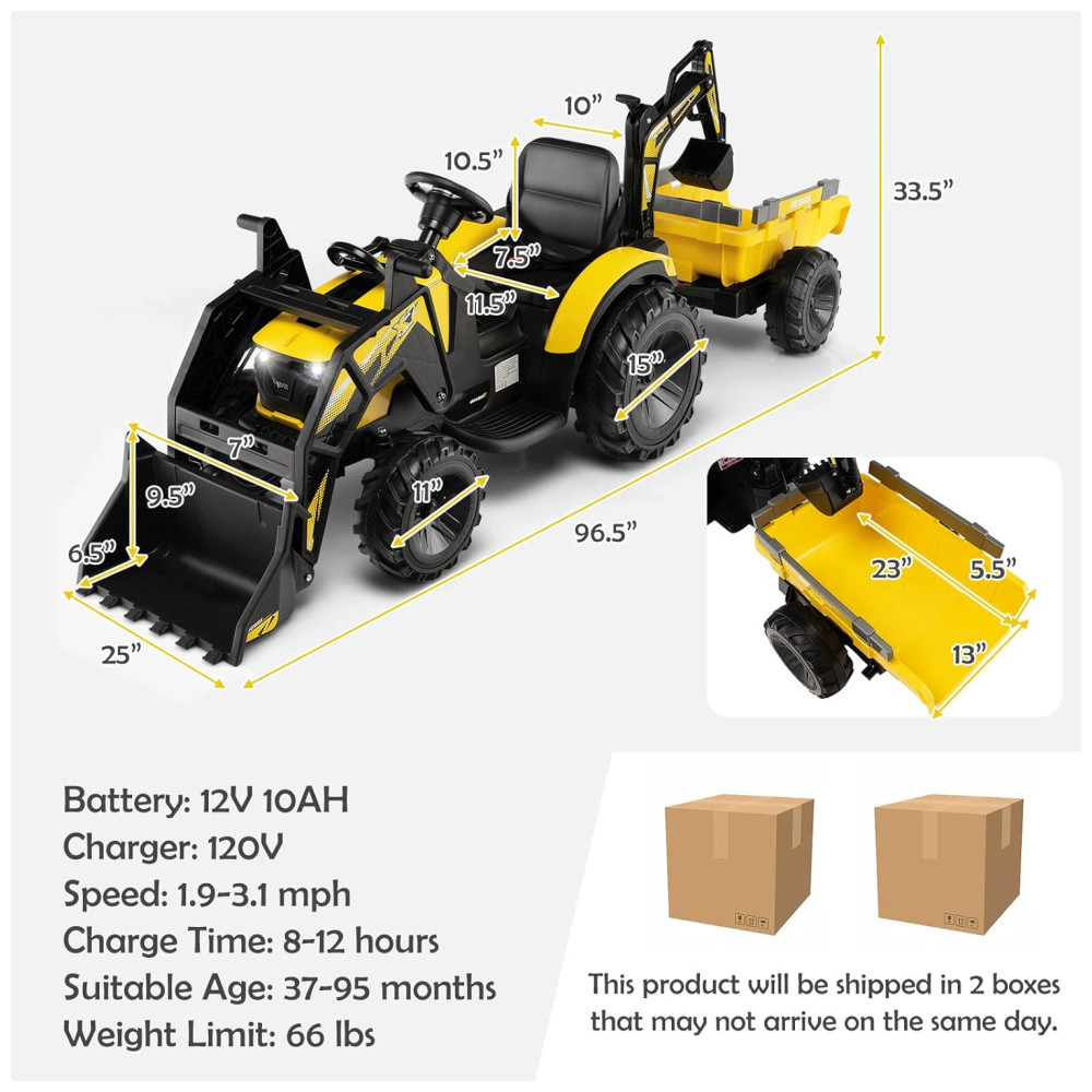 Escavadeira Elétrica Infantil 1 Assento com Reboque Balde de Pá Controle Remoto Luzes LED MP3 e USB 12V Costzon Amarela - Imagem 7