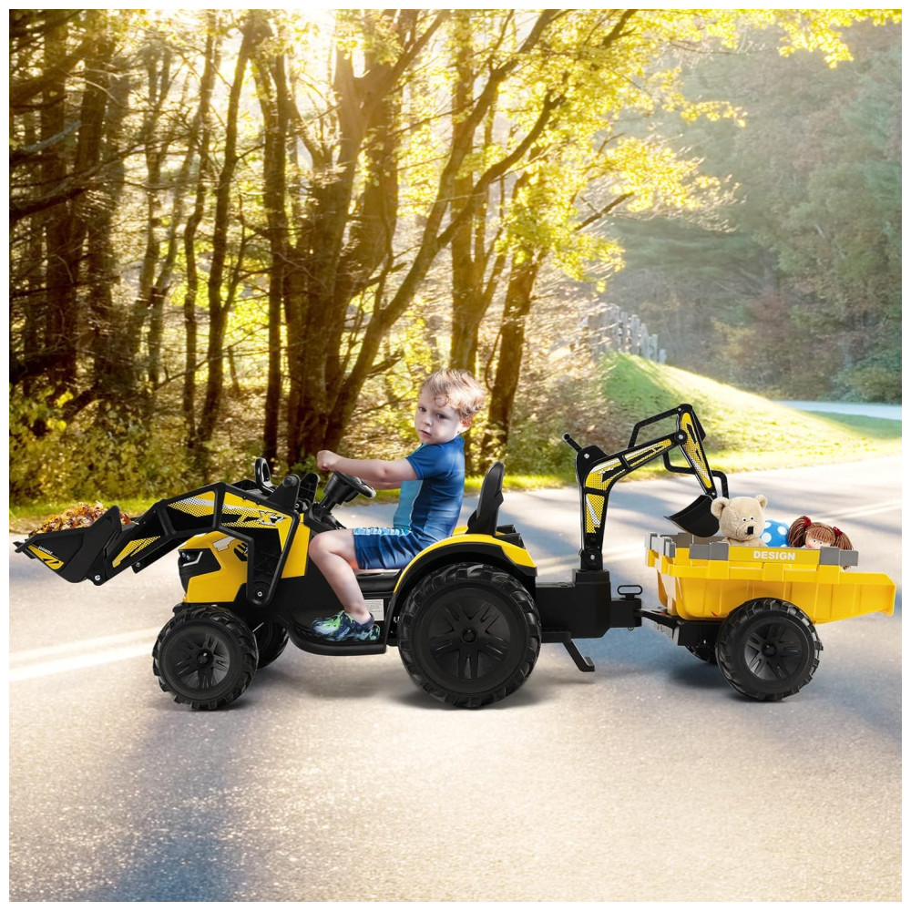Escavadeira Elétrica Infantil 1 Assento com Reboque Balde de Pá Controle Remoto Luzes LED MP3 e USB 12V Costzon Amarela - Imagem 8