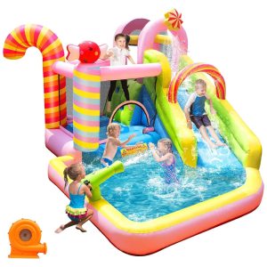 Parque Aquático Inflável Casa de Pula-Pula e Escorregador 6 em 1 Doce Casa de Doces Combo com 450W de Potência Piscina de SplashNBSPORT