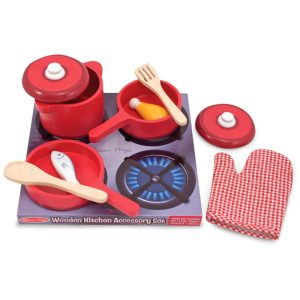 Kit Panelas e Acessórios de Cozinha Infantil de Madeira com 8 Peças para Crianças Acima de 3 Anos Melissa & Doug Vermelho