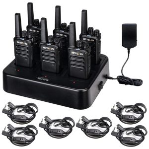 Rádio Comunicador Walkie Talkie Retevis RT68 com Fone Rádio Recarregável FRS Carregador Multicarregamento 6 Unidades Longo Alcance Resistente