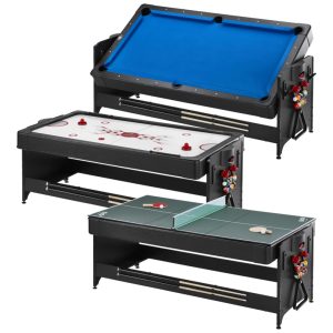 Mesa de Jogos 3 em 1 Hockey Bilhas e Ping e Pong Para você se Divertir Muito em Casa com Bilhar Air Hockey e Tênis de Mesa Fat Cat Preta