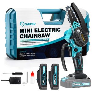 Mini Motosserra Elétrica Portátil para Corte e Poda de Galhos Movida a Bateria 20V 550W Saker Azul