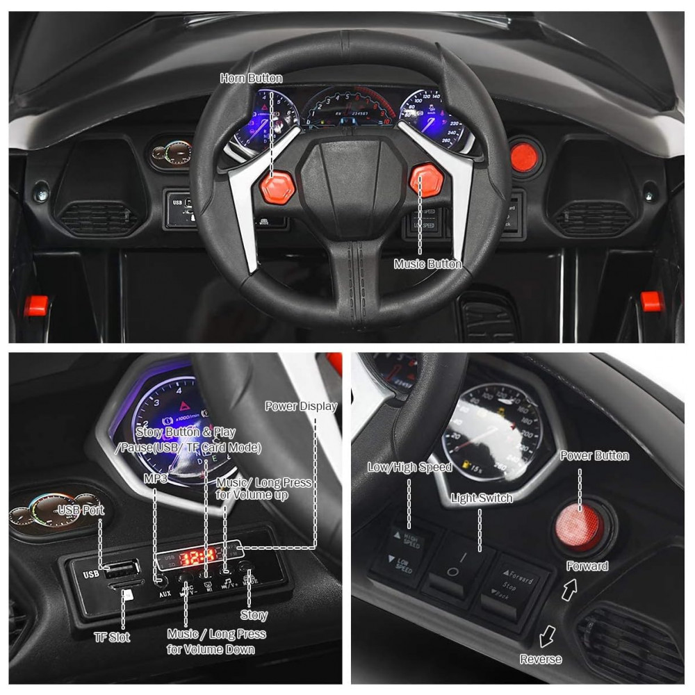 Carro Elétrico Infantil OLAKIDS Preto 12V 4 Rodas Suspensão Porta Dupla Controle Remoto LED 3 Velocidades Música USB TF - Imagem 4