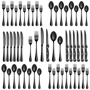 Jogo de Talheres Preto 24 Peças com Facas de Churrasco MUTNITT Aço Inox para 4 Pessoas Utensílios de Mesa para Casa e Restaurante Resistente à Ferrugem