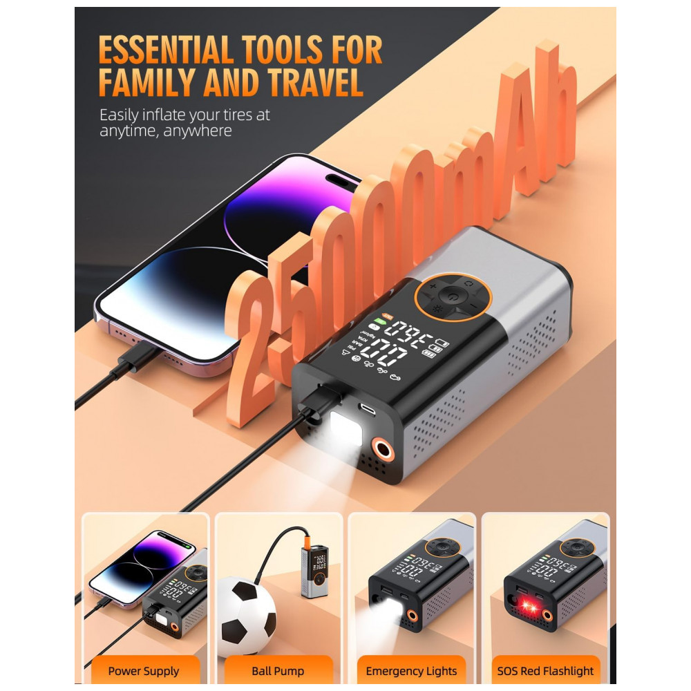 Compressor de Ar Portátil KUXISA, 150PSI 2X mais Rápido com Medidor de Pressão Digital, Bomba de Ar Portátil para Carro, Motocicleta, Bicicleta e Bola - Imagem 6