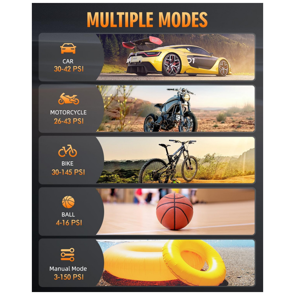 Compressor de Ar Portátil KUXISA, 150PSI 2X mais Rápido com Medidor de Pressão Digital, Bomba de Ar Portátil para Carro, Motocicleta, Bicicleta e Bola - Imagem 7