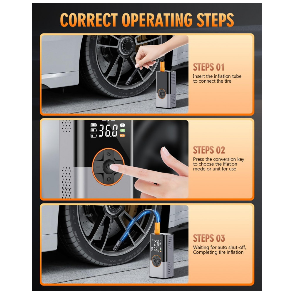 Compressor de Ar Portátil KUXISA, 150PSI 2X mais Rápido com Medidor de Pressão Digital, Bomba de Ar Portátil para Carro, Motocicleta, Bicicleta e Bola - Imagem 8