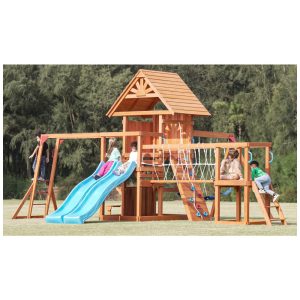 Playground Dolphin Playground T em Madeira com Escorregador Parede de Escalada Barra de Macaco Ponte com Rede Mesa e Balanço para Quintal.