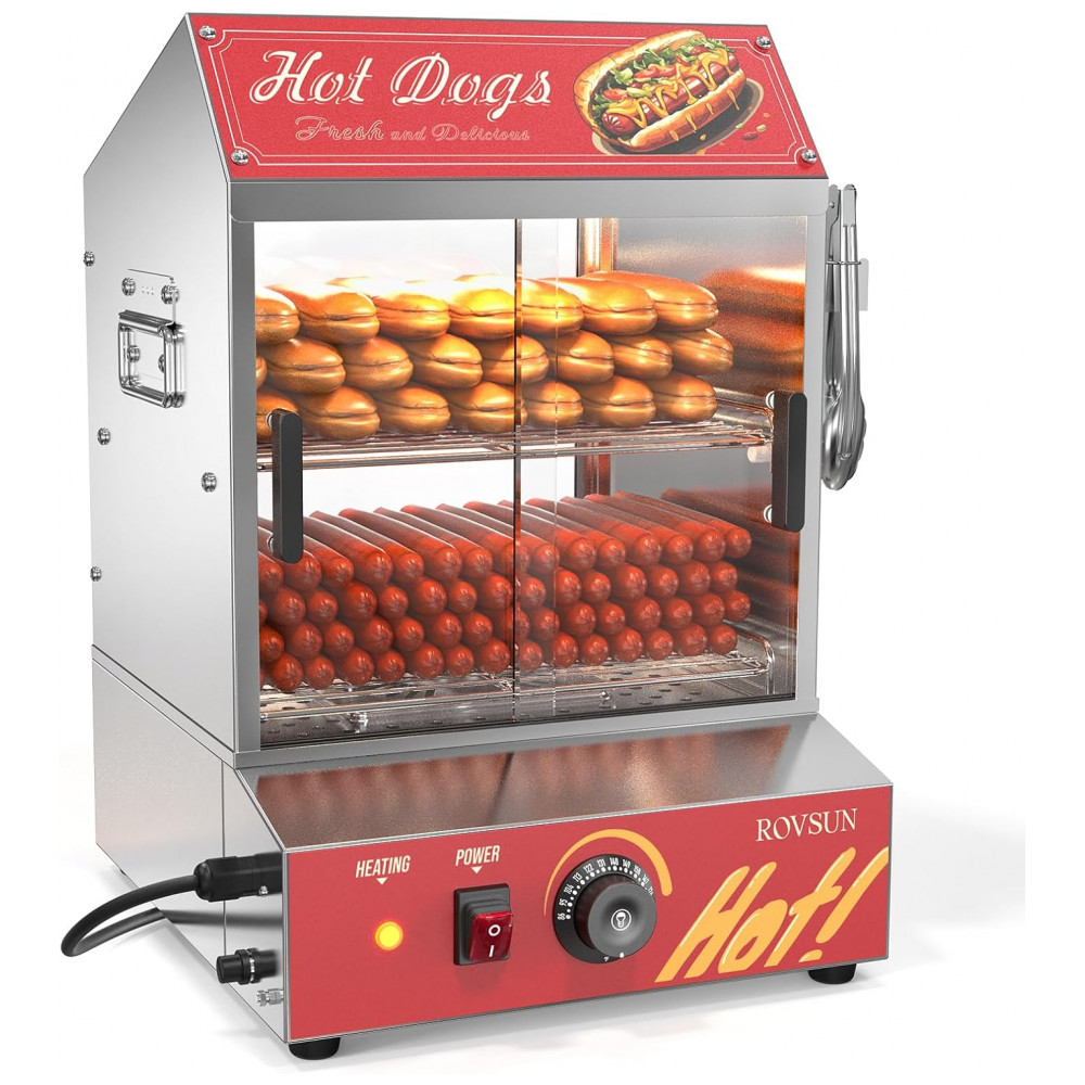 Estufa Elétrica para Hot Dog ROVSUN 30L 175 Salsichas 40 Pães Aço Inox 500W Controle Temperatura 30-85°C 2 Andares