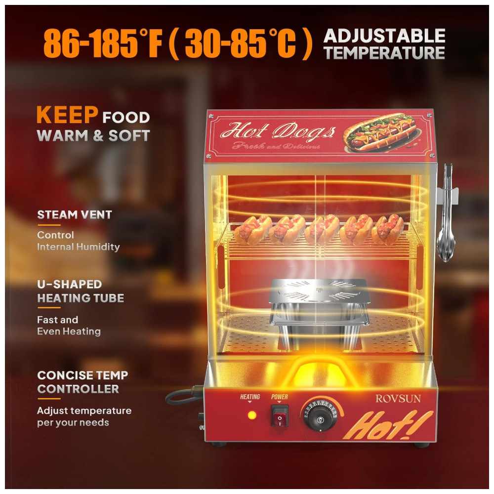 Estufa Elétrica para Hot Dog ROVSUN 30L 175 Salsichas 40 Pães Aço Inox 500W Controle Temperatura 30-85°C 2 Andares - Imagem 2