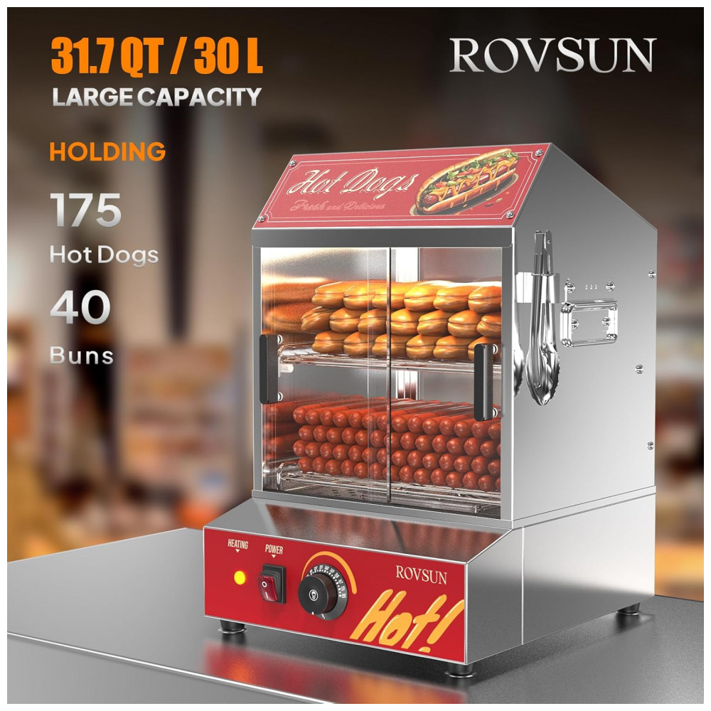 Estufa Elétrica para Hot Dog ROVSUN 30L 175 Salsichas 40 Pães Aço Inox 500W Controle Temperatura 30-85°C 2 Andares - Imagem 3