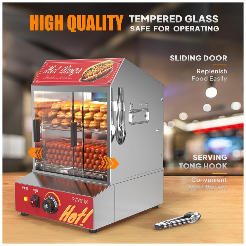 Estufa Elétrica para Hot Dog ROVSUN 30L 175 Salsichas 40 Pães Aço Inox 500W Controle Temperatura 30-85°C 2 Andares - Imagem 4