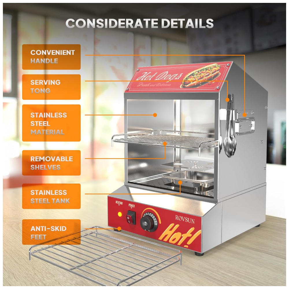 Estufa Elétrica para Hot Dog ROVSUN 30L 175 Salsichas 40 Pães Aço Inox 500W Controle Temperatura 30-85°C 2 Andares - Imagem 5