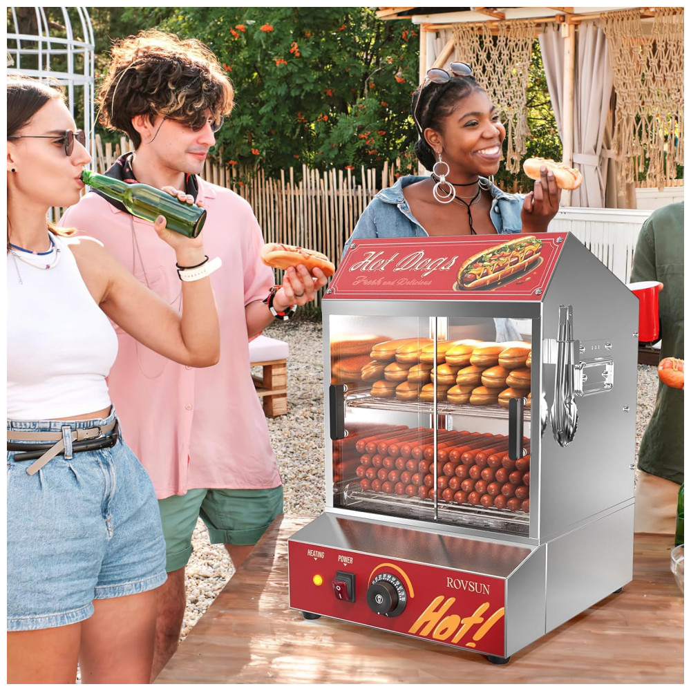 Estufa Elétrica para Hot Dog ROVSUN 30L 175 Salsichas 40 Pães Aço Inox 500W Controle Temperatura 30-85°C 2 Andares - Imagem 6