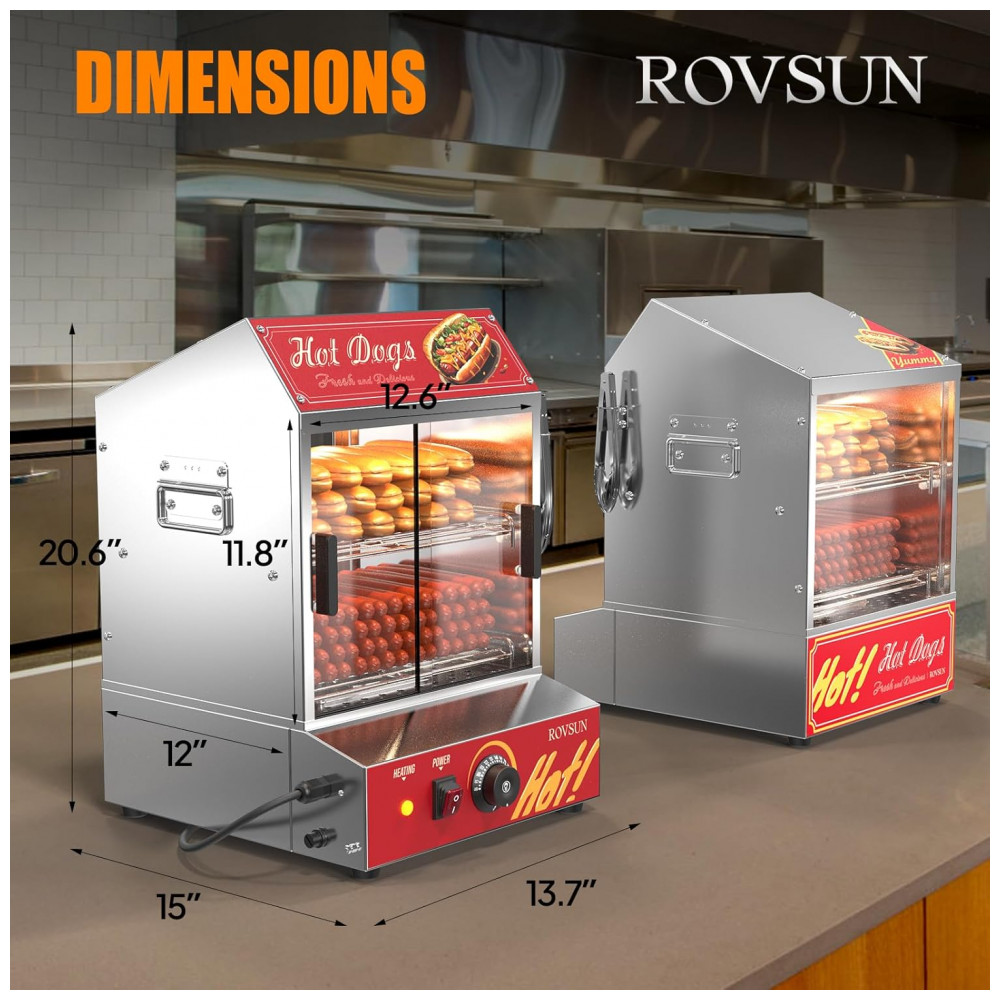 Estufa Elétrica para Hot Dog ROVSUN 30L 175 Salsichas 40 Pães Aço Inox 500W Controle Temperatura 30-85°C 2 Andares - Imagem 7